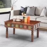 Antique tile wooden center table with colorful handcrafted tiles and sturdy turned wooden legs displayed in a modern living room setting - Max Furn India Bangalore