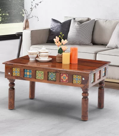 Antique tile wooden center table with colorful handcrafted tiles and sturdy turned wooden legs displayed in a modern living room setting - Max Furn India Bangalore