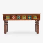 Front view of antique tile wooden center table with vibrant ceramic tiles and solid wood construction - living room furniture Bangalore