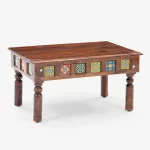 Antique tile wooden center table showing full length, colorful handcrafted tiles and turned wooden legs - Max Furn India Bangalore